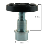 A car hoist screw pad with measurement indicators, showing that the base diameter is 50mm and the height is adjustable from 25mm to 105mm. The rubber pad on top provides a sturdy surface for lifting vehicles, and the threaded metal post ensures secure attachment to the hoist arm, ideal for precise height adjustments. Suitable for EAE 2 post car hoists with a 50mm arm hole.