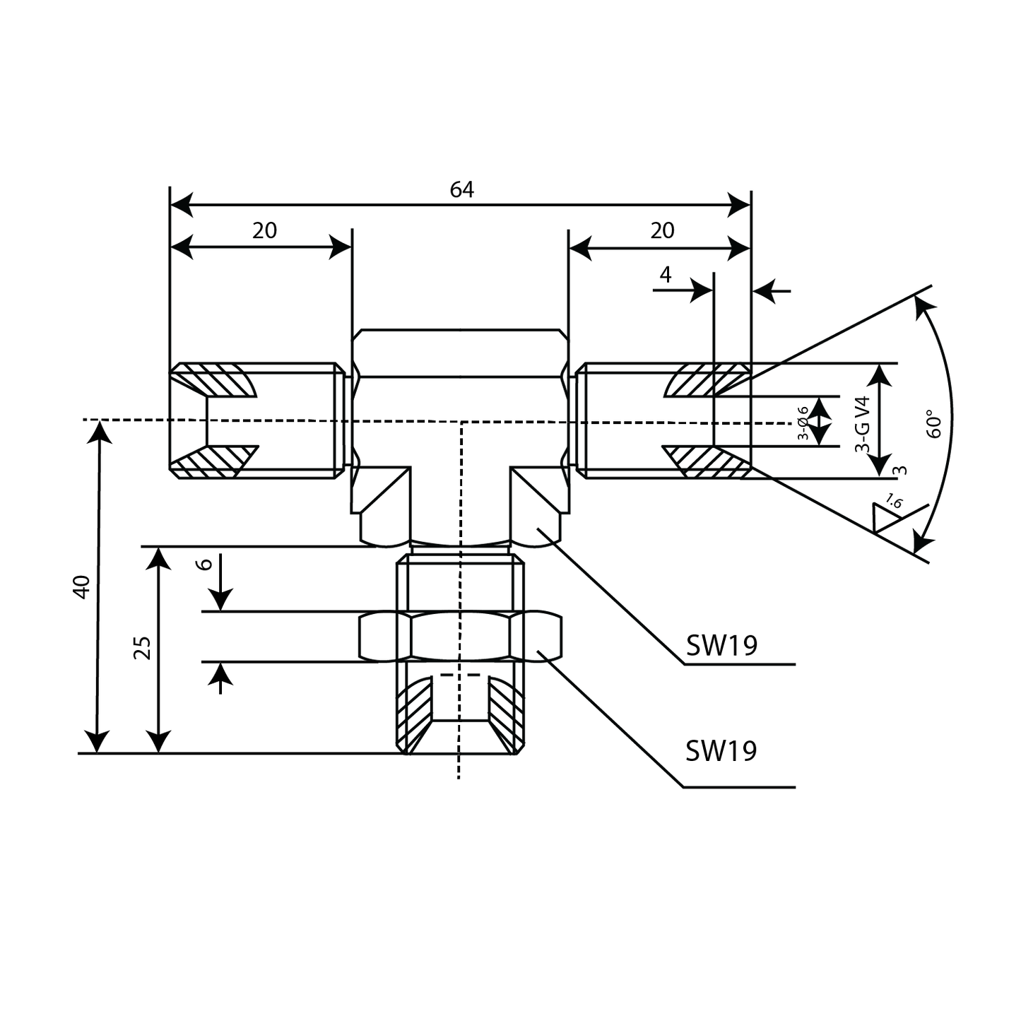 2D Drawing of the 615006003 Hydraulic Fitting T Piece, with diameters and measurements