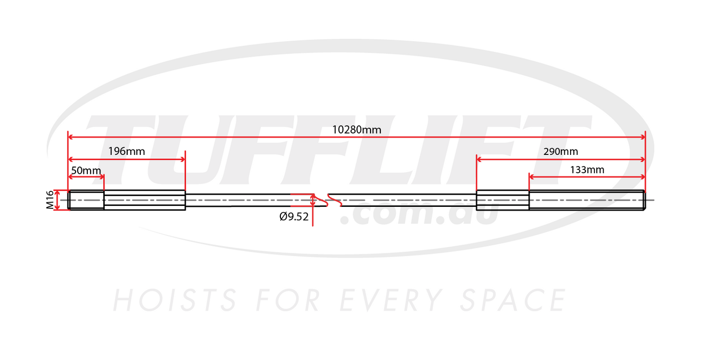 This technical drawing illustrates a hoist cable with a total length of 10,280mm. The cable features an M16 threaded section on one end and a diameter of 9.52mm. Specific segment dimensions include a 196mm length section after the thread, a 50mm threaded portion, and a 290mm segment on the opposite side. This drawing provides precise measurements critical for accurate installation and fitment in a hoist system