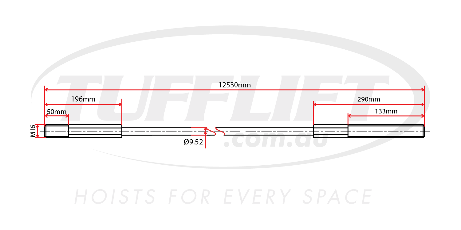 This technical drawing depicts a hoist cable with a total length of 12,530mm and a diameter of 9.52mm. The cable features M16 threads on one end with a 50mm threaded section followed by a 196mm length segment. On the opposite end, the cable has a 290mm section and a 133mm segment. This detailed illustration provides essential specifications for fitting and installation in a hoist system.