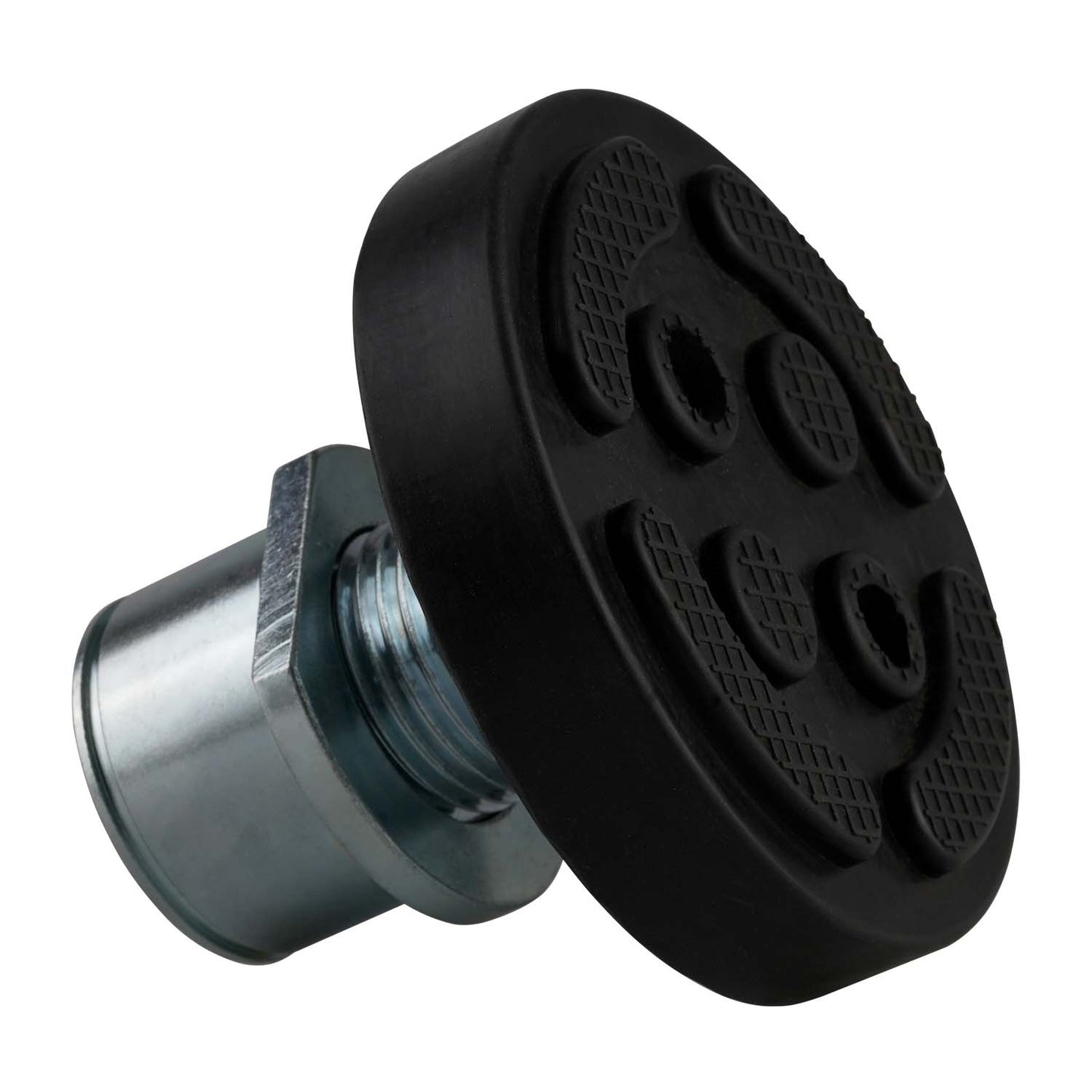 An angled close up view of a screw pad for 2 post car hoists. The rubber pad is visible with grooves for efficient grip while working on vehicles
