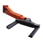 Close-up of a car hoist tyre holder adaptor with a durable orange metal and charcoal grey diamond plated design.
