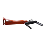 Close-up of a car hoist arm and tyre holder adaptor with a durable orange metal and charcoal grey diamond plated design. 