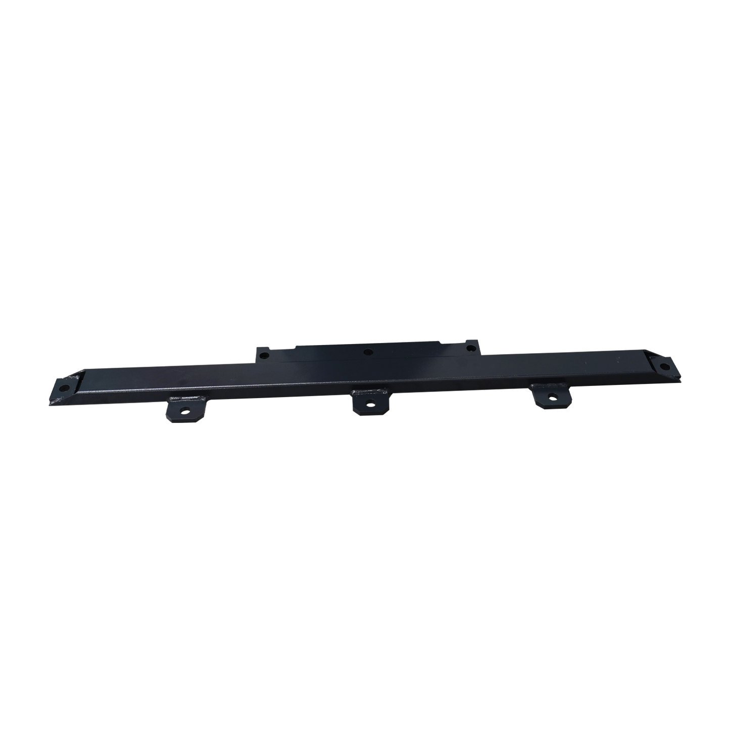 Long, horizontal black column support kit resting on a concrete floor, featuring evenly spaced holes for bolts, designed for stability in structural applications. - EAE Column Support Kit