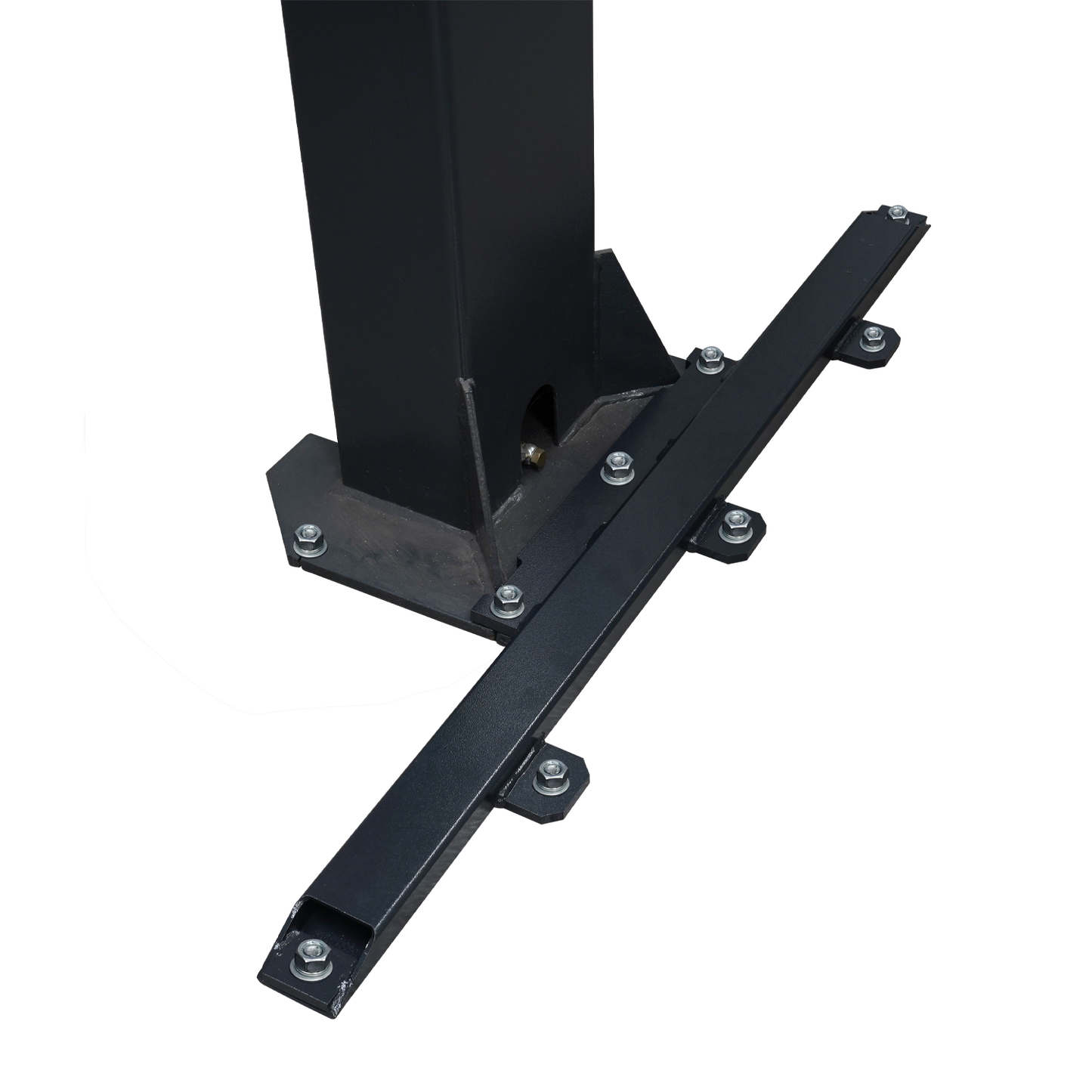 A close-up of a black column support bracket with multiple secured bolts, attached to a vertical column on a marbled floor, providing reinforcement for structural stability - EAE Column Support Kit