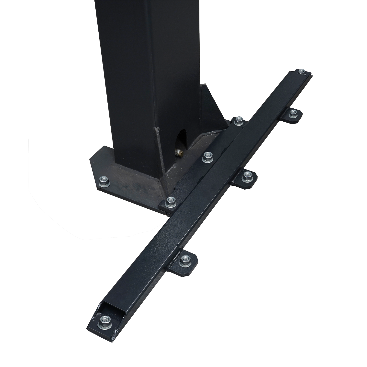 A close-up of a black column support bracket with multiple secured bolts, attached to a vertical column on a marbled floor, providing reinforcement for structural stability - EAE Column Support Kit