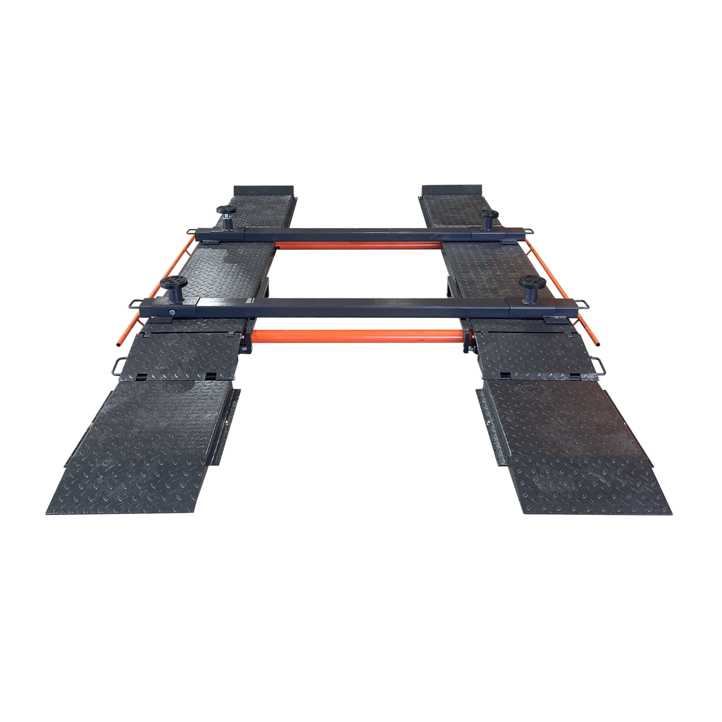 EAE Scissor Lift with SUV/4WD Adapter, featuring adjustable screw pads and extended ramps designed for securely lifting larger vehicles with even weight distribution across the platforms.