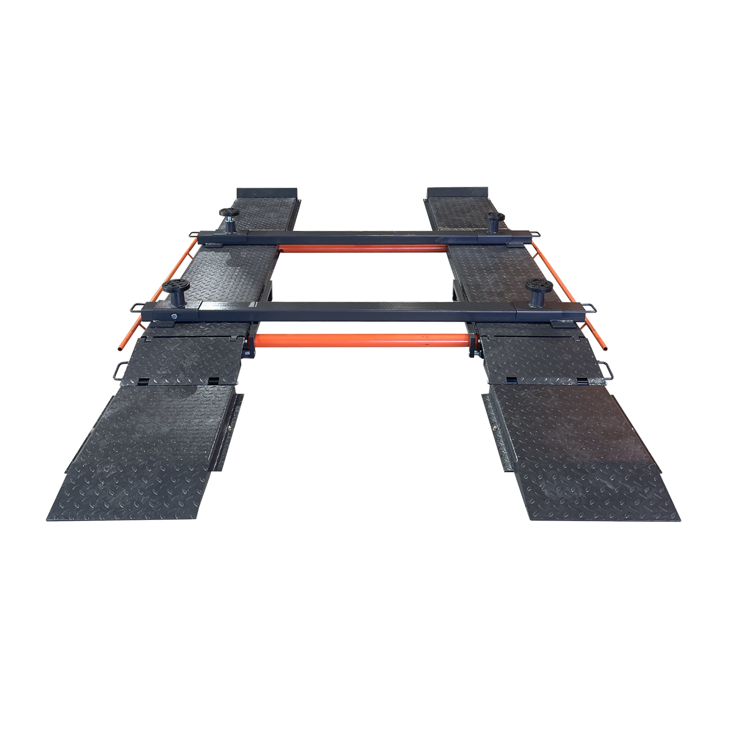 EAE Scissor Lift with SUV/4WD Adapter, featuring adjustable screw pads and extended ramps designed for securely lifting larger vehicles with even weight distribution across the platforms.