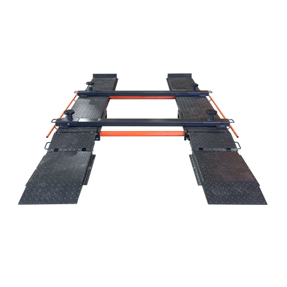 EAE Scissor Lift with SUV/4WD Adapter, featuring adjustable screw pads and extended ramps designed for securely lifting larger vehicles with even weight distribution across the platforms.