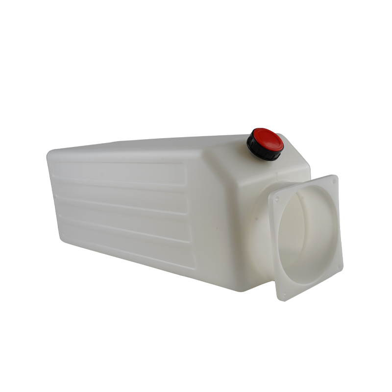 A white hydraulic power unit oil tank with a red cap and a circular front port. - Hydraulic Oil Tank 12L