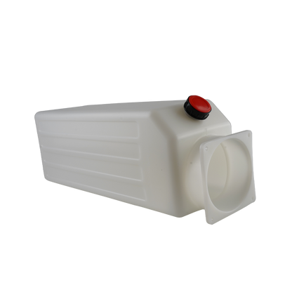 A white hydraulic power unit oil tank with a red cap and a circular front port. - Hydraulic Oil Tank 12L