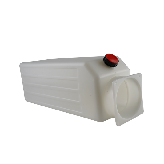 A white hydraulic power unit oil tank with a red cap and a circular front port. - Hydraulic Oil Tank 12L