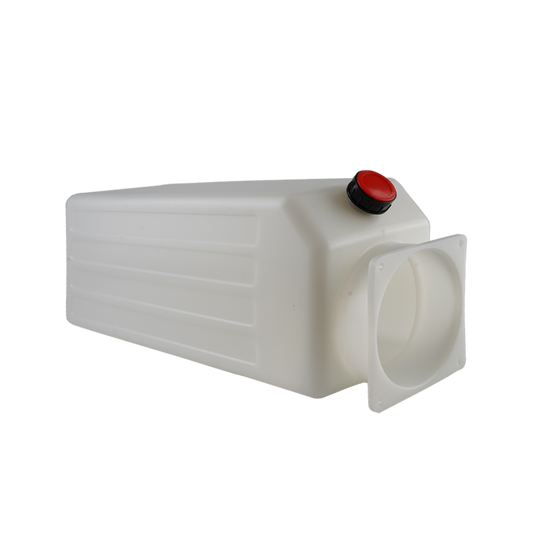 A white hydraulic power unit oil tank with a red cap and a circular front port. - Hydraulic Oil Tank 12L