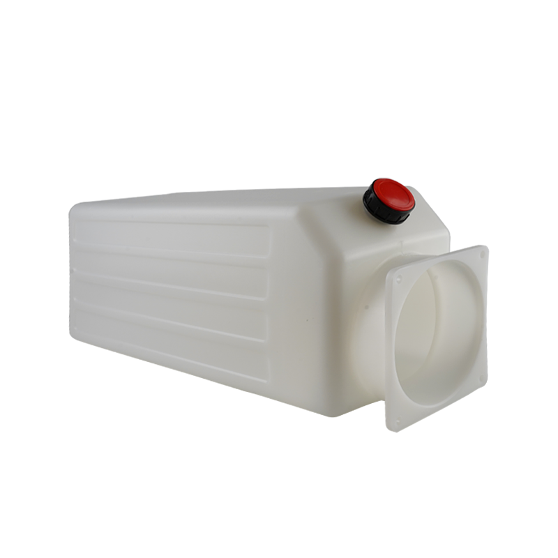 A white hydraulic power unit oil tank with a red cap and a circular front port. - Hydraulic Oil Tank 12L