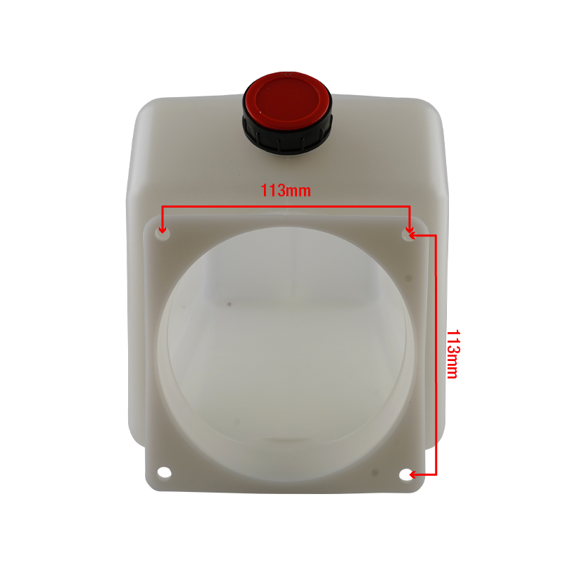 Front view of a white hydraulic power unit oil tank, featuring dimensions between bolt holes annotated at 113mm on both width and height. - Hydraulic Oil Tank 12L