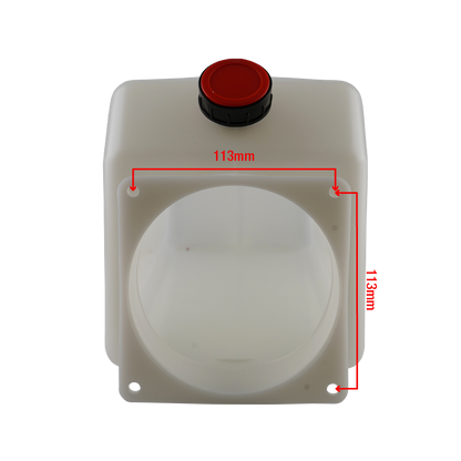 Front view of a white hydraulic power unit oil tank, featuring dimensions between bolt holes annotated at 113mm on both width and height. - Hydraulic Oil Tank 12L