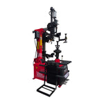 	Angled front view of the BD-18 Tyre Changer, showing the robust bead press system, storage arms, and anti-scratch protective components built for high-volume tyre service.