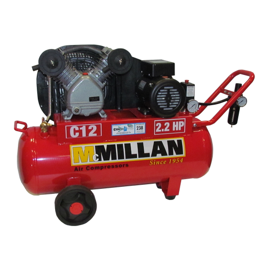 Red McMillan C12 portable air compressor with a 2.2 HP motor mounted on a horizontal tank, featuring a black front protective cage and wheel kit for mobility