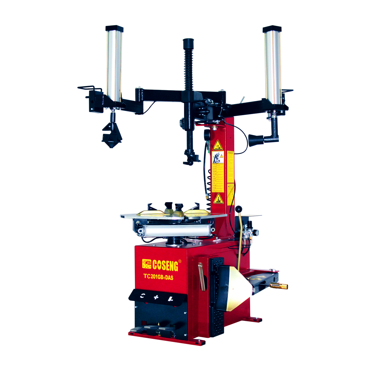 oseng C201GB-DAS tyre changer with a red base, swing arm and a dual pneumatic controlled assist arm attached - Tyre Changer with Swing Arm & Controlled Assist Arm