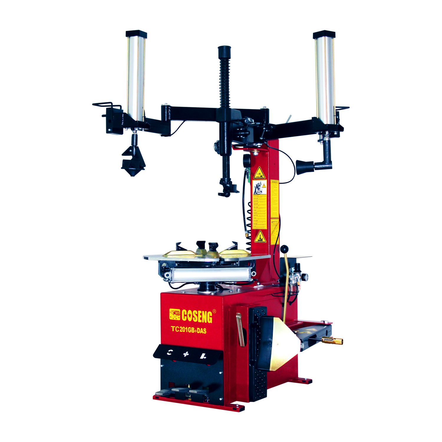 oseng C201GB-DAS tyre changer with a red base, swing arm and a dual pneumatic controlled assist arm attached - Tyre Changer with Swing Arm & Controlled Assist Arm