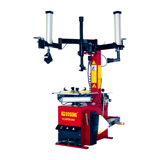 oseng C201GB-DAS tyre changer with a red base, swing arm and a dual pneumatic controlled assist arm attached - Tyre Changer with Swing Arm & Controlled Assist Arm