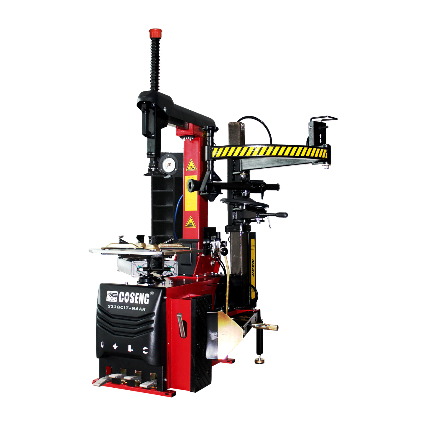 Coseng C233GCIT-NAAR tyre changer with a red base, black control panel, and various attachments.