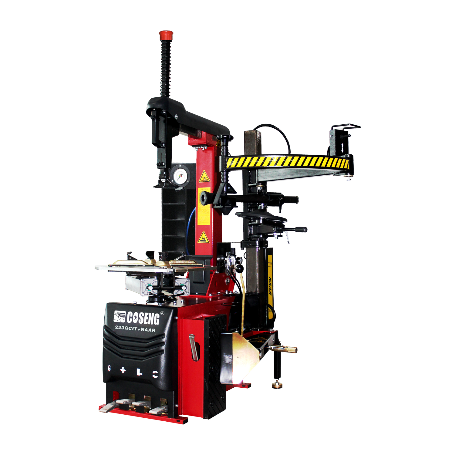 Coseng C233GCIT-NAAR tyre changer with a red base, black control panel, and various attachments.