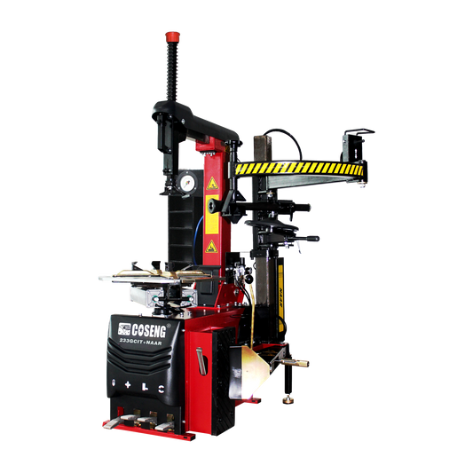 Coseng C233GCIT-NAAR tyre changer with a red base, black control panel, and various attachments.