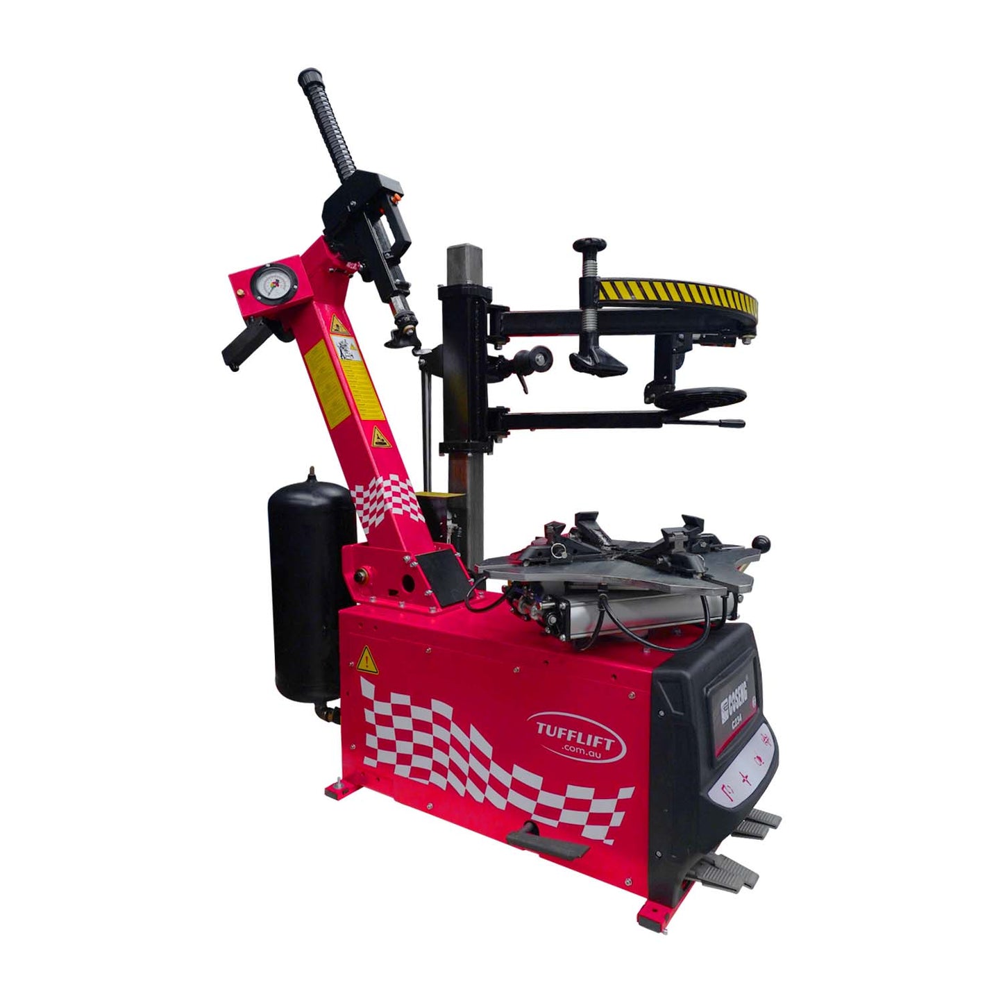 Side view of the Tufflift C234 Automatic Tyre Changer highlighting the bead breaker arm and pneumatic components.
