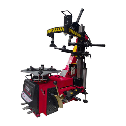 Angled close-up of the C234 Automatic Tyre Changer, displaying control panel, assist arm, and bead press system.