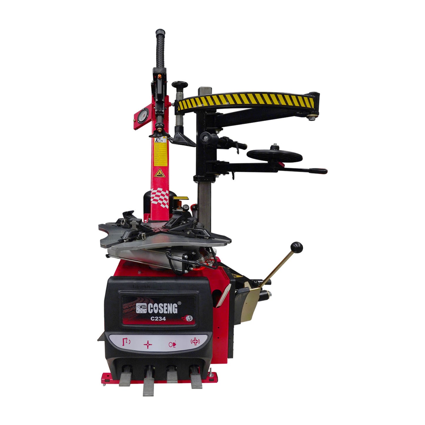 Front-facing image of Tufflift C234 Tyre Changer emphasizing branding, clamp table, and vertical tower assembly.