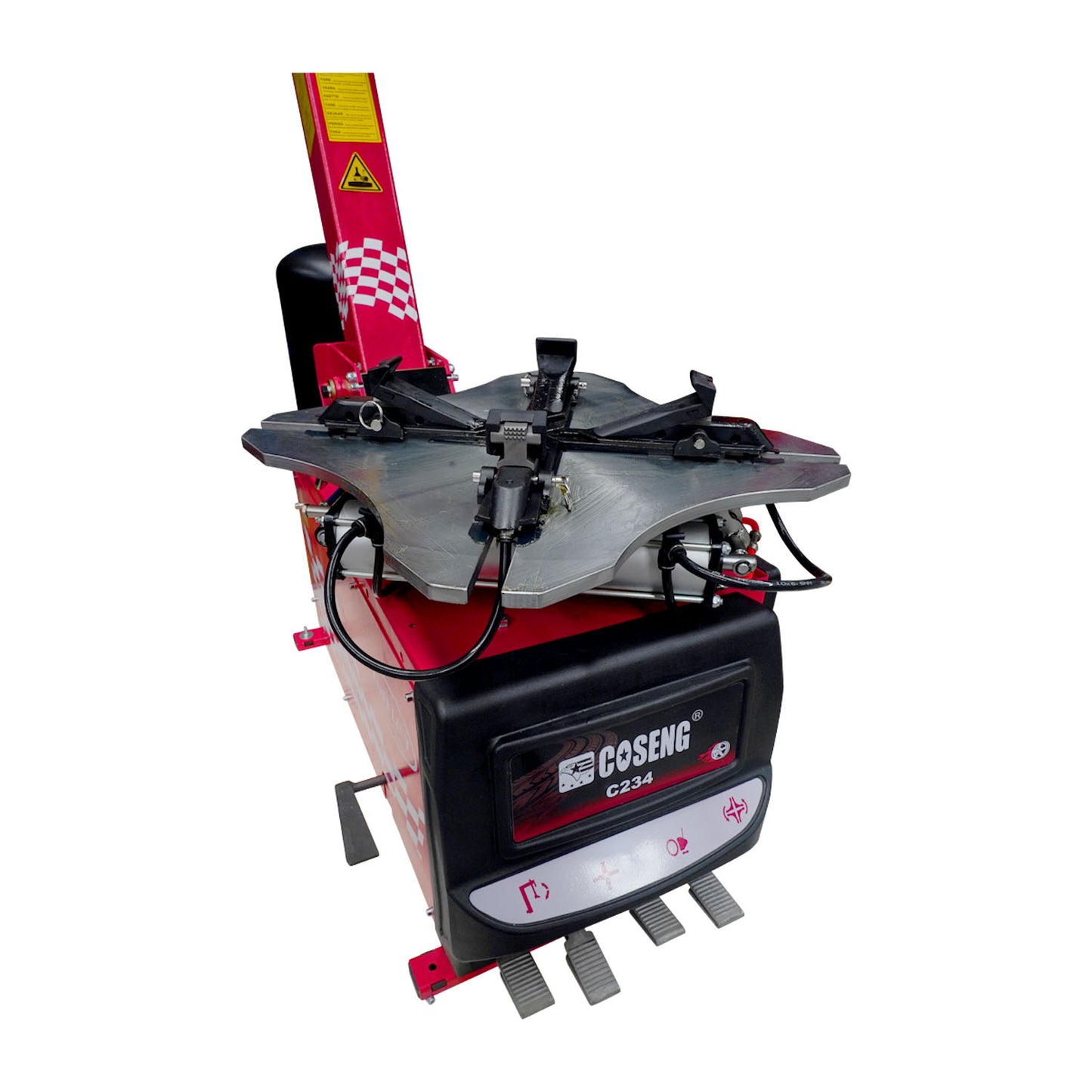 Tilted top view of the C234 Tyre Changer featuring tool head, pneumatic controls, and branding plate.