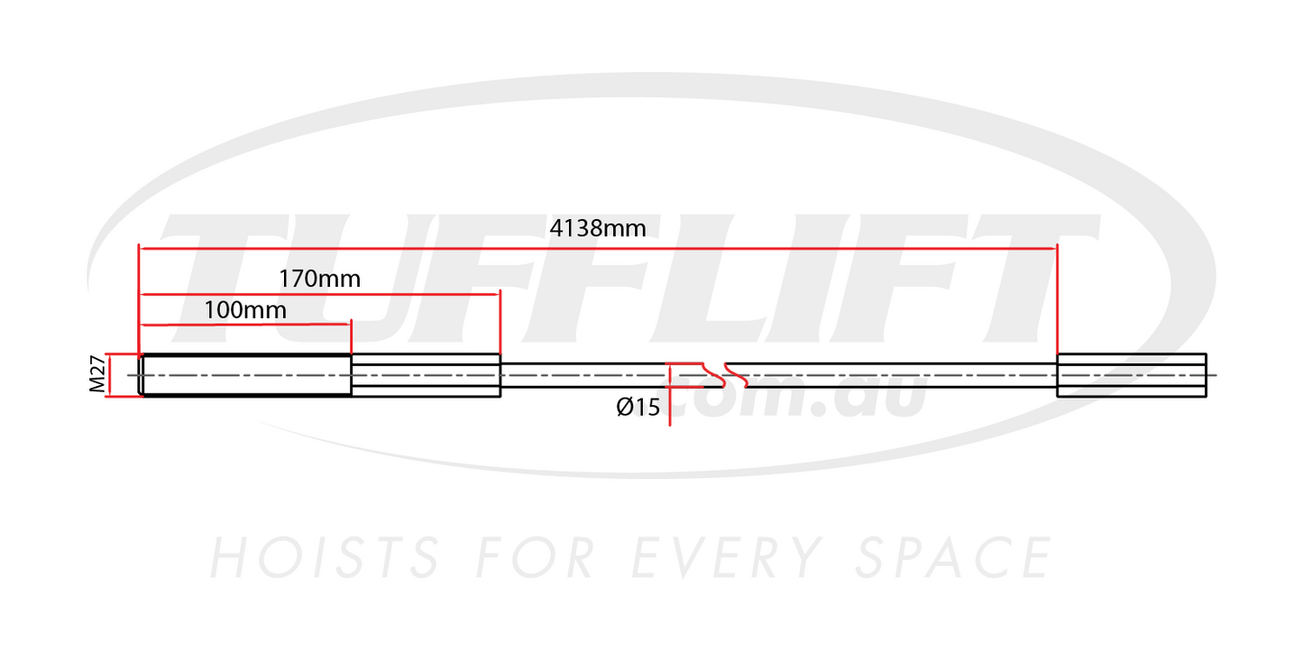 The image is a technical drawing of a cable, likely for a mechanical lifting system. It shows detailed measurements including a diameter of 15 mm and segment lengths of 100 mm, 170 mm, and 4138 mm. The diagram is linear, displaying the cable with clear annotations and red dimension labels, providing precise information for assembly or maintenance purposes. - 4 Post Hoist Cable 4138mm