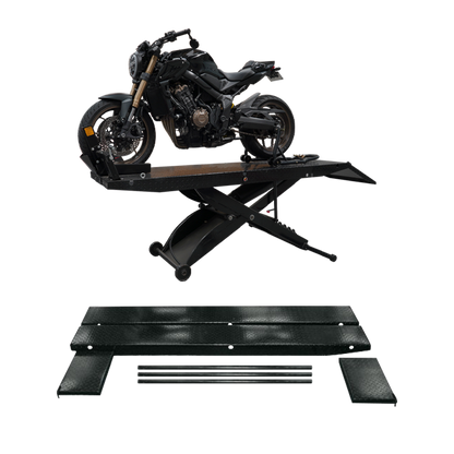 Motorcycle on a hydraulic motorcycle lift with disassembled width extension kit components shown below. - Motorcycle Hoist Drop Tail with Width Extension Kit