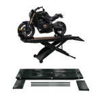 Motorcycle on a hydraulic motorcycle lift with disassembled width extension kit components shown below. - Motorcycle Hoist Drop Tail with Width Extension Kit