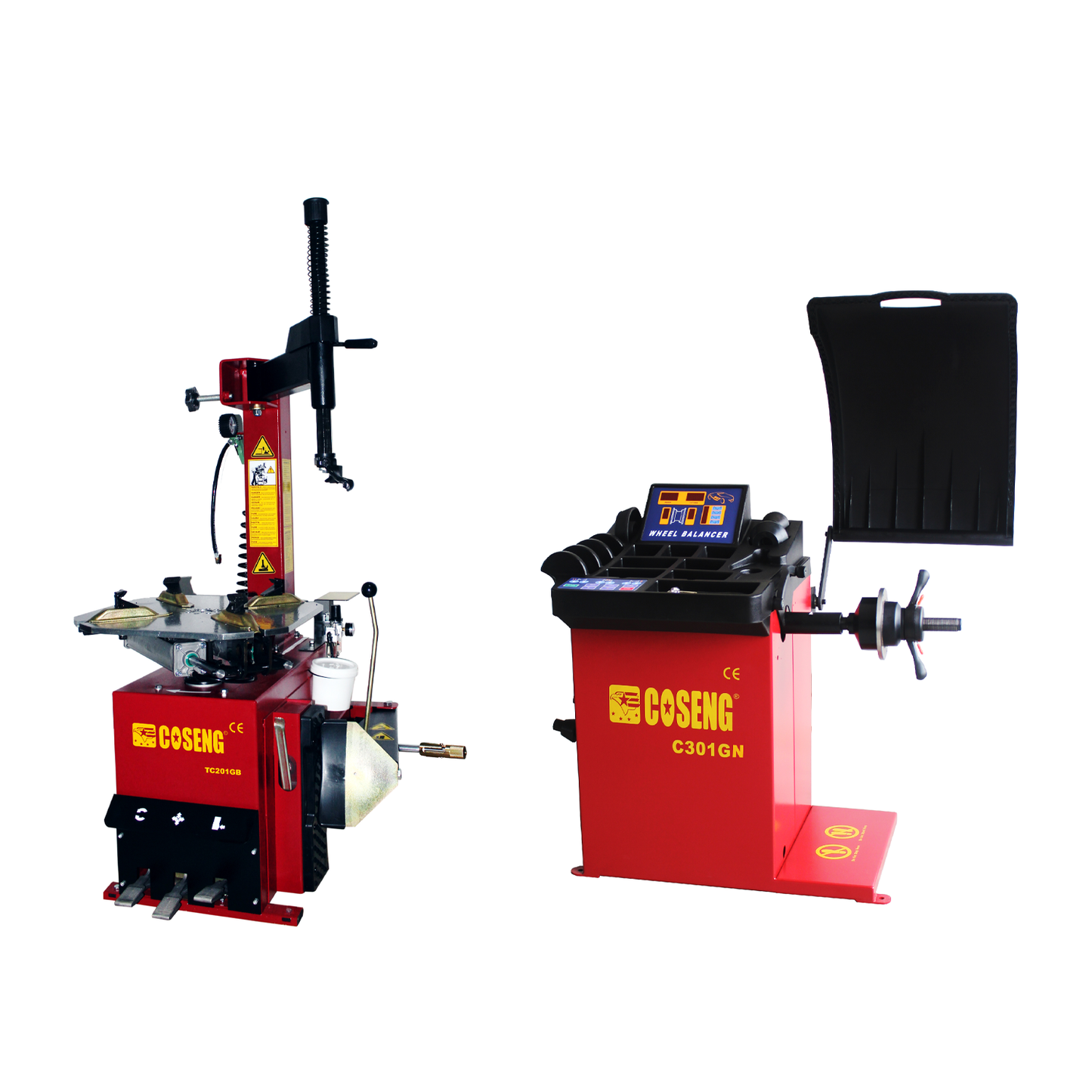 Coseng C201GB swing arm tyre changer and C301GN commercial grade wheel balancer, both with red bases. Designed for efficient tyre changing and wheel balancing in workshops. 