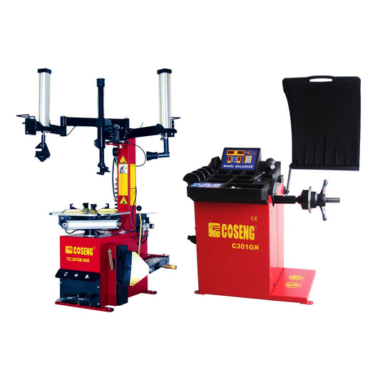 Coseng C201GB swing arm tyre changer with a pneumatic controlled assist arm and C301GN commercial grade wheel balancer, both with red bases.
