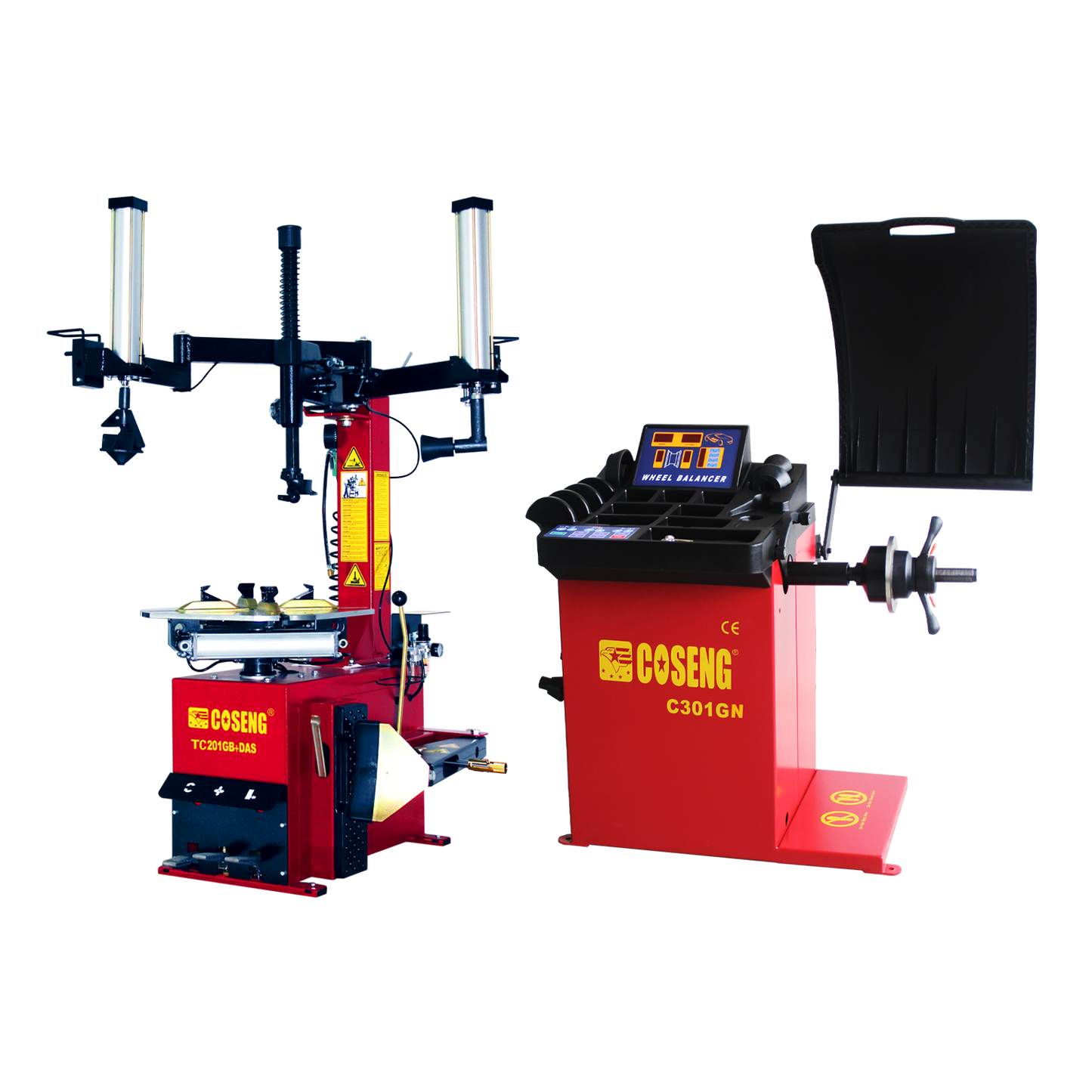 Coseng C201GB swing arm tyre changer with a pneumatic controlled assist arm and C301GN commercial grade wheel balancer, both with red bases.