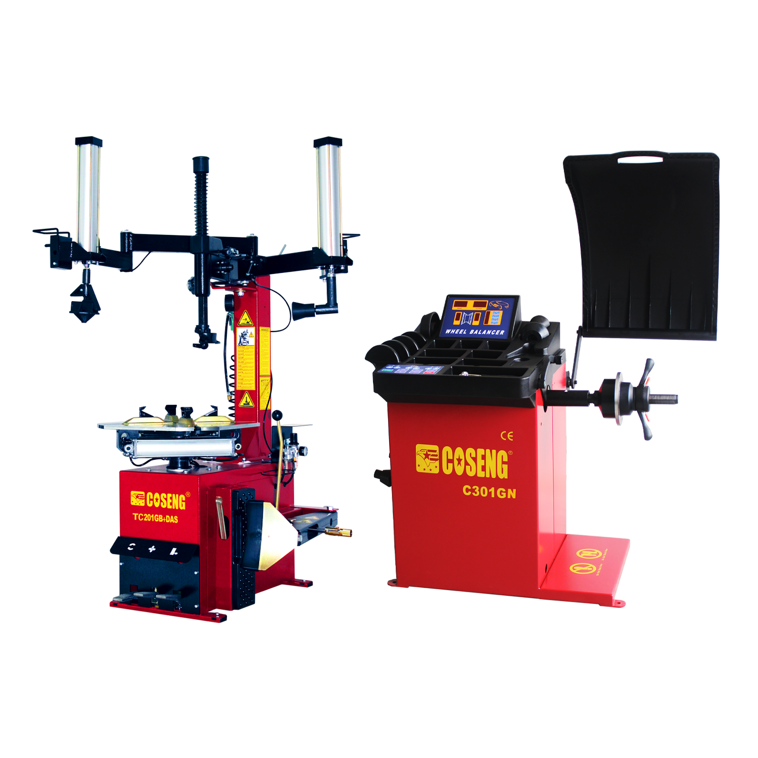 Coseng C201GB swing arm tyre changer with a pneumatic controlled assist arm and C301GN commercial grade wheel balancer, both with red bases.