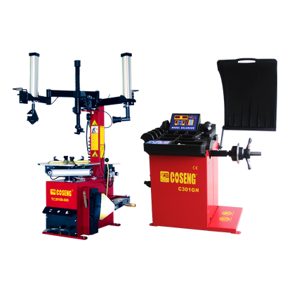 Coseng C201GB swing arm tyre changer with a pneumatic controlled assist arm and C301GN commercial grade wheel balancer, both with red bases.