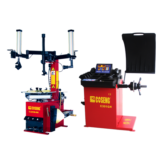 Coseng C201GB swing arm tyre changer with a pneumatic controlled assist arm and C301GN commercial grade wheel balancer, both with red bases.