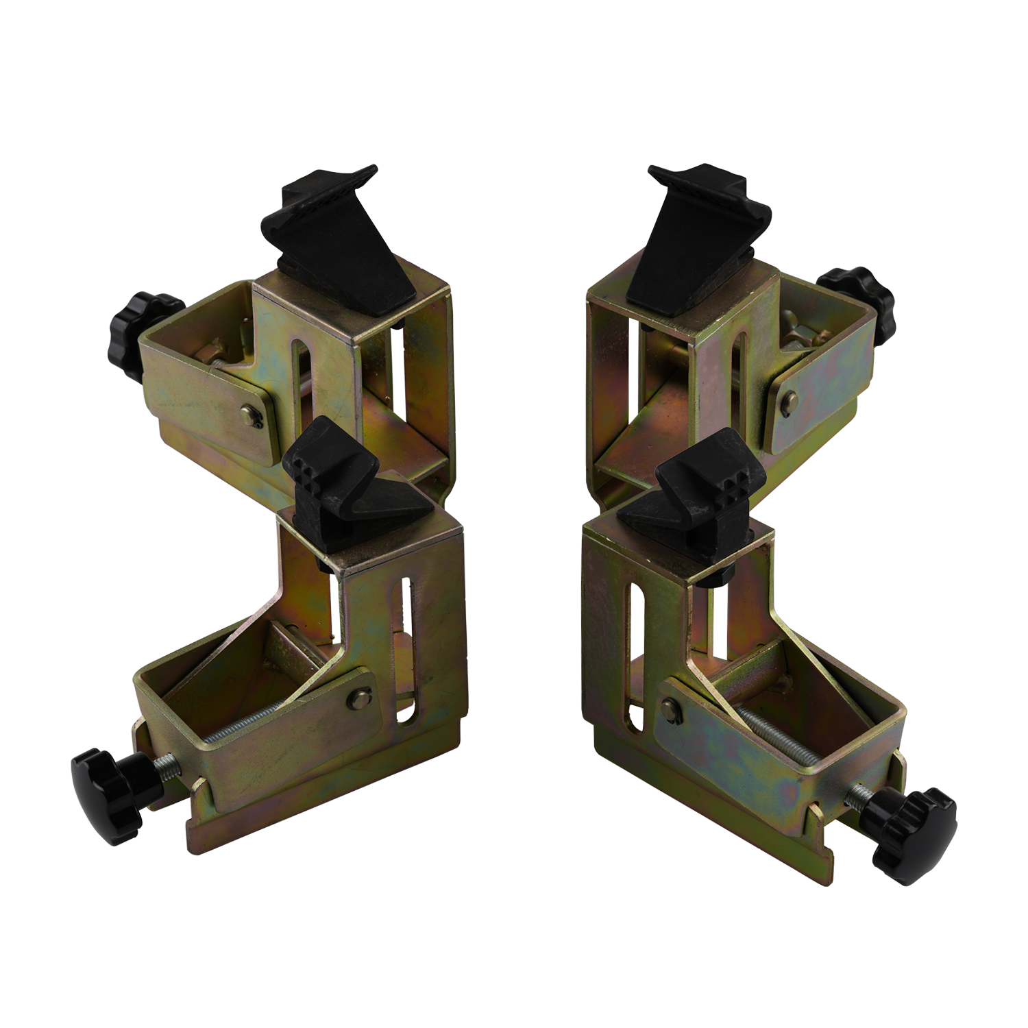 Set of four Standard Motorcycle Adapters for tyre changers, each with a robust metal frame, black plastic clamps, and adjustable knobs. 