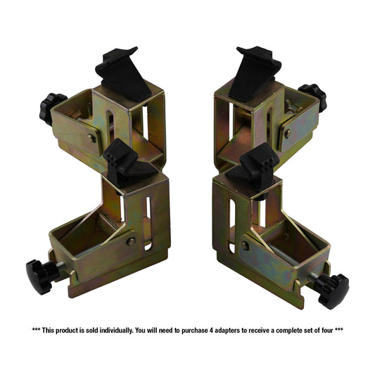 Set of four Standard Motorcycle Adapters for tyre changers, each with a robust metal frame, black plastic clamps, and adjustable knobs. 