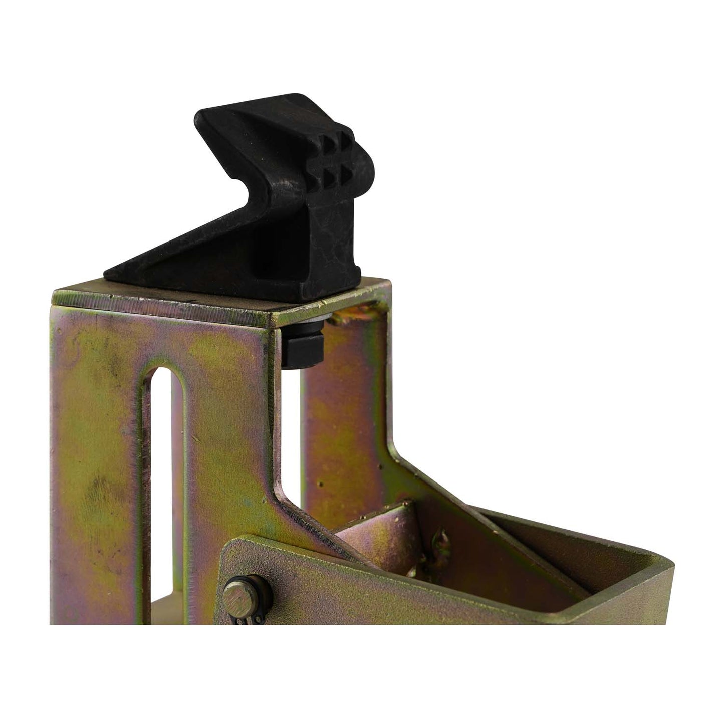 Close-up of a Standard Motorcycle Adapter for tyre changers, highlighting the black plastic clamp atop a sturdy metal structure with visible hardware. 