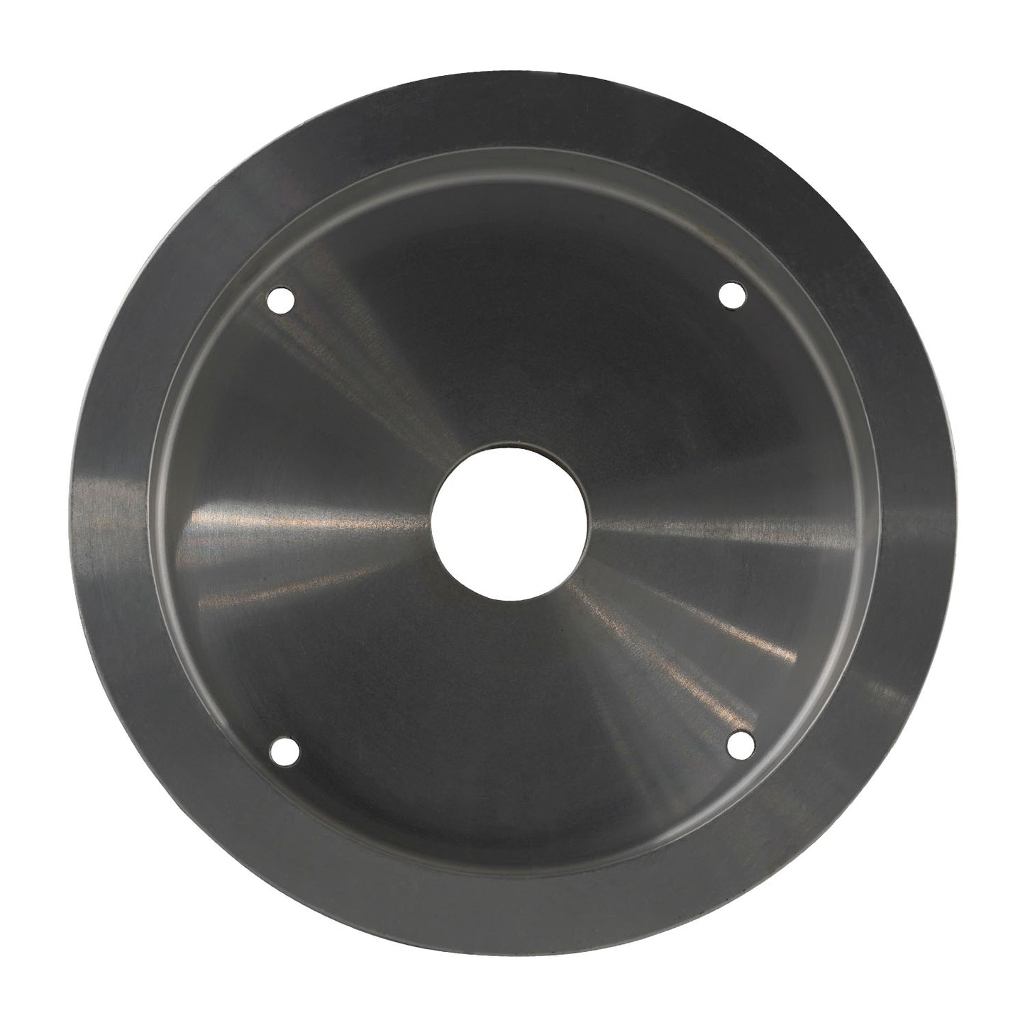Close-up view of a precision-machined metal cone from a Cone Kit for wheel balancers. The component features a smooth, polished finish with a central hole for mounting and three screw holes for secure attachment.