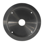 Close-up view of a precision-machined metal cone from a Cone Kit for wheel balancers. The component features a smooth, polished finish with a central hole for mounting and three screw holes for secure attachment.