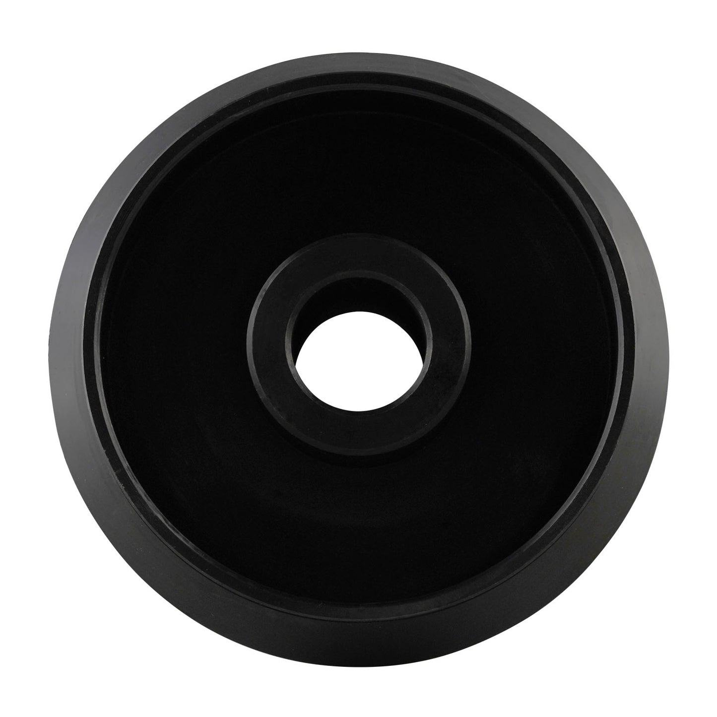 Black-coated metal cone from a Cone Kit for wheel balancers, designed for precise wheel centering. The component features a central hole and a stepped design for compatibility with various wheel sizes.