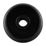 Black-coated metal cone from a Cone Kit for wheel balancers, designed for precise wheel centering. The component features a central hole and a stepped design for compatibility with various wheel sizes.