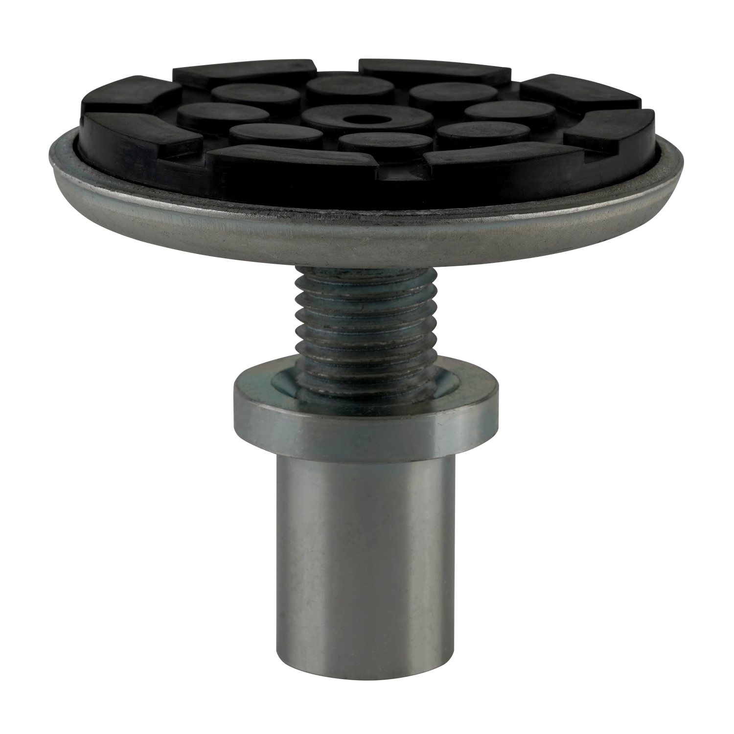 Drop-in screw pad, fully extended with a threaded base and a black grooved rubber top for secure grip and stability.