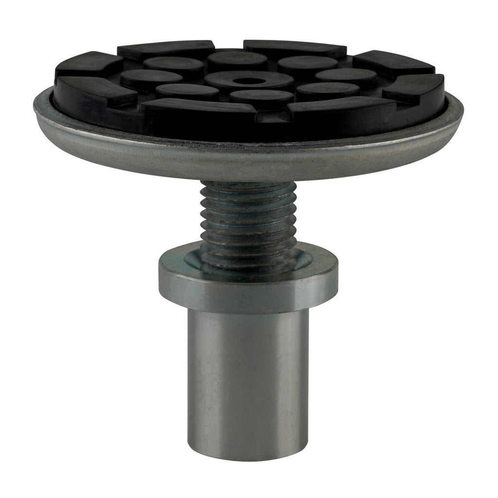 Drop-in screw pad, fully extended with a threaded base and a black grooved rubber top for secure grip and stability.